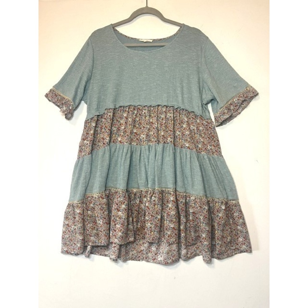 Easel Women Blue Floral Tiered Cottage Babydoll Dress Short Sleeve Boho Size M